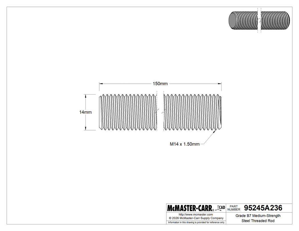 Technical Drawing of Grade B7 Medium-Strength Steel Threaded Rod, Fine-Thread, M14 x 1.5 mm Thread, 150 mm Long.